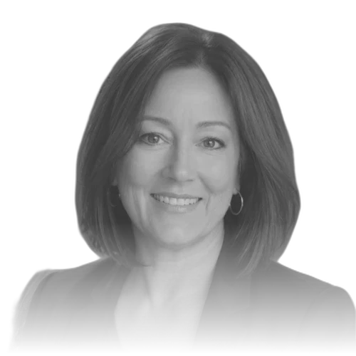 Kristina Harley, smiling, in black and white