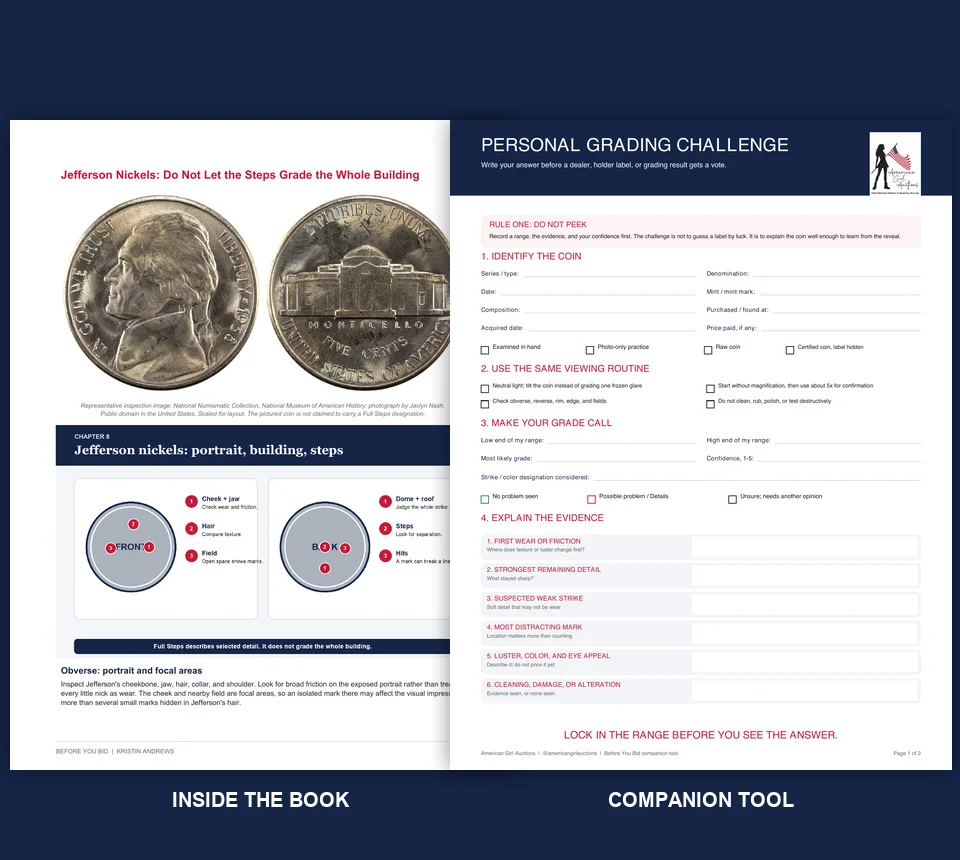 A page from the book on Jefferson nickels beside the Personal Grading Challenge worksheet