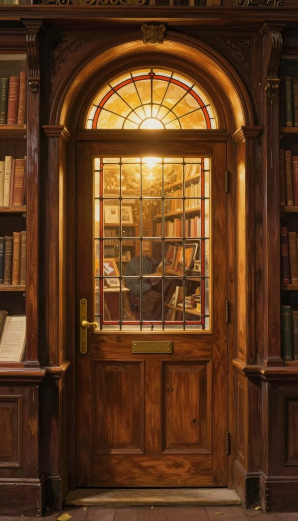 A warm wooden bookshop door with a glowing stained-glass arch