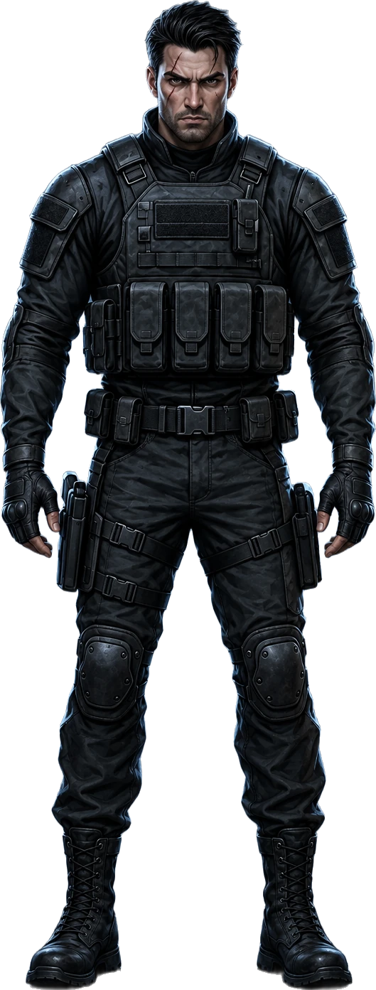 A man in black tactical gear, his face emerging from shadow